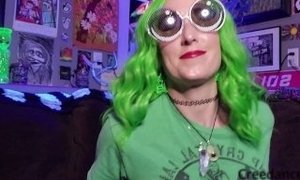 Goth Stoner Milf Cums and sucks a big dildo under a blacklight
