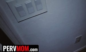 Spying on her stepmom while she masturbates in bathroom and offering her to fuck in the kitchen after that