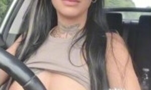 Public Pierced Titty Topless Driving!