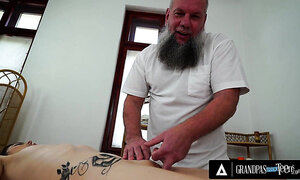 Cute slender doll was excited by the massage of this mature man.