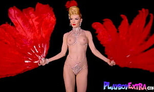 Skinny big boobed blonde MILF Miranda shining in slutty burlesque costume