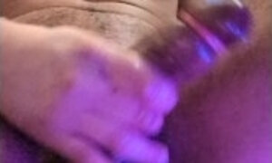 Fit hairy man with a big head cock moans cumming trying a new toy