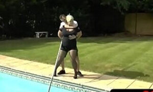 Horny step grandma is watching her sexy young grandson work at pool and all she wants to do is fucked by him