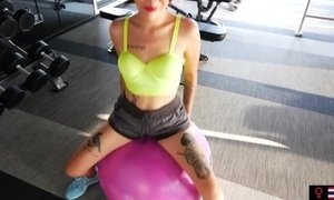 'Cute amateur Asian cougar works out in the gym and later on boyfriends big dick'