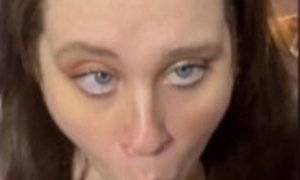 Thick Blue Eyed MILF Sucking Cock Gets A Massive Cumshot On Face And In Hair