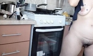 Hairy brunette pussy, big tits, sensual hairy woman in kitchen.