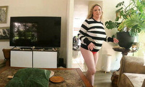 Stepmom is hanging out in her underwear in the living room