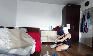 Amateur MILF Cleans in the Empty House. Brunette Hairy Pussy, Big Tits.