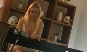'No panties big tits big ass tight pussy hot blonde girl without bra teases a big cock to get erection and give her precum'