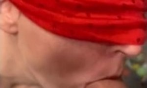 Redhead Blindfolded Sucking and Swallowing Cum