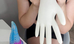 Doctor in white gloves masturbating my monster cock with oil