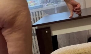 I watch as my stepmom passionately rubs her pussy on the tip of the table and cums 4 times with me