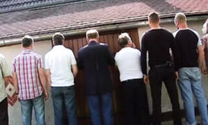 Nasty French blonde gets DPed and facialized in outdoor gangbang