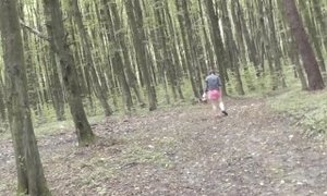 MILF picking mushrooms in forest and forgot wear panties under skirt. Perfect ass Milf. Naked public