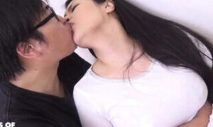 Busty Japanese Masturbates and Gets Her Bush Spoiled by a Guy with Glasses