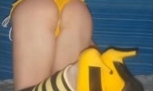Pantihose off and in my black and yellow stockings and little yellow shorts up my ass