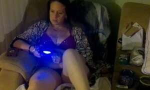 Hot Mom Smoking Cigarettes Playing video Games In Purple Bra and Panties