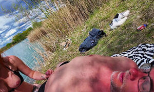 Threesome blowjob and fucking outdoor