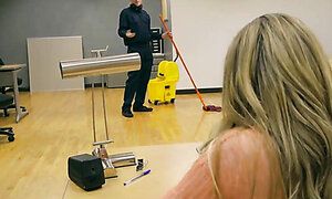 Buxom Blonde MILF Teacher Gets Fucked By Her Student In the Classroom Right In Front Of a Janitor