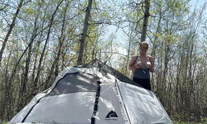 Setting Up Camp while Flashing and Teasing Outdoors