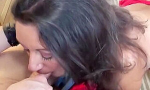 Mature brunette in a sexy, red dressand a guy she likes are about to fuck