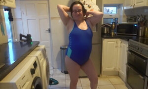 Wife with Big Breasts Dancing in Tight Blue Swimsuit