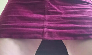 Hot milf in mini skirt jerks off and cums riskily