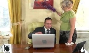 PLUS-SIZE GILF Cleans His Office and His Dick!