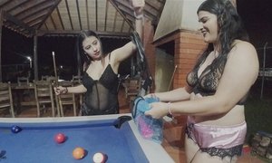Sexy and naughty Latina lesbians with sex toys eating their pussies on the pool table- Spanish Porn